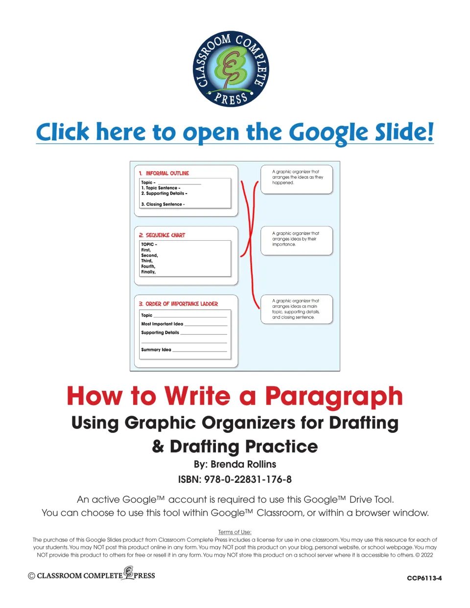 Title page by Brenda Rollins with a link to open the Google Slide, a sample organizer-matching slide and terms of use