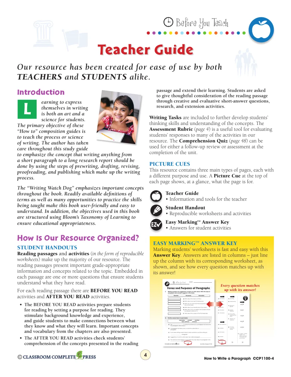 Teacher Guide intro: how the student handouts, writing tasks, rubric and Easy Marking answer key are organized
