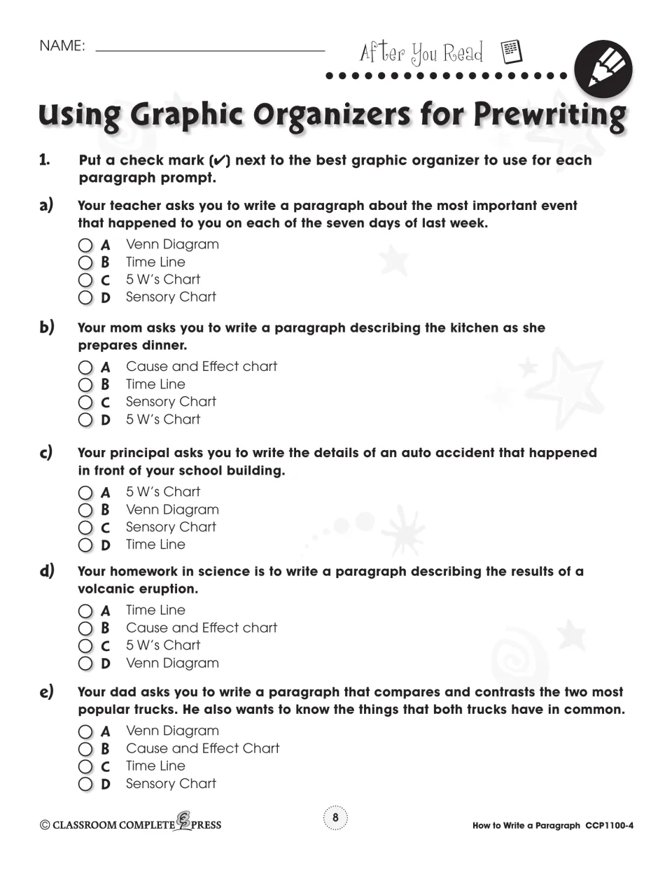 After You Read quiz: pick the best graphic organizer for five prompts, like a week of events or a volcanic eruption