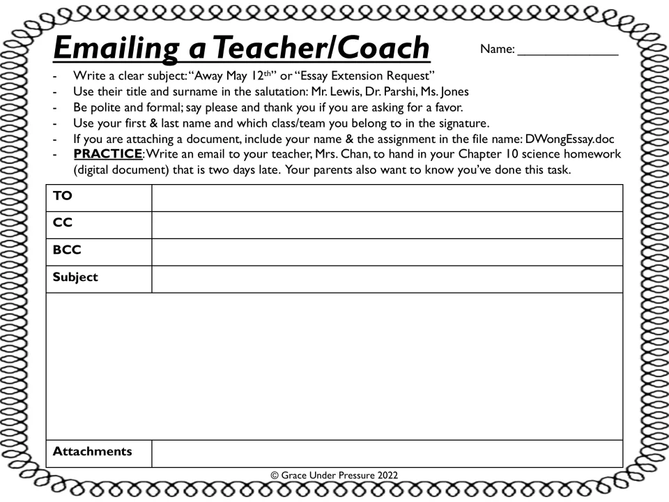 Emailing a teacher/coach: tips on subject, title and signature, then students email Mrs. Chan their late science homework