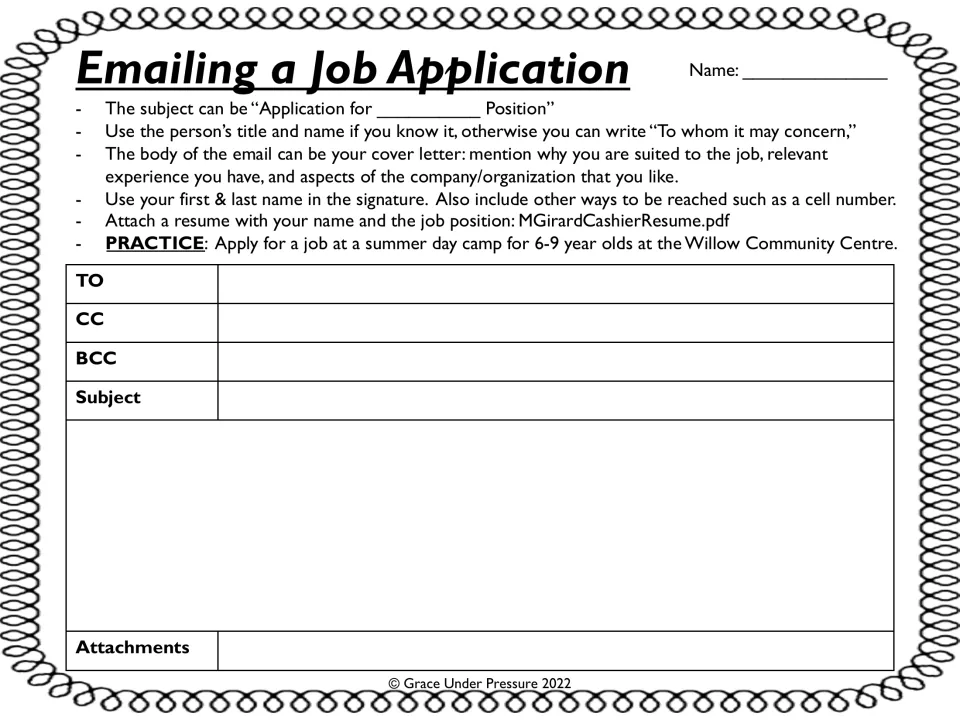 Emailing a job application: cover-letter tips, then students apply for a summer day camp job at Willow Community Centre