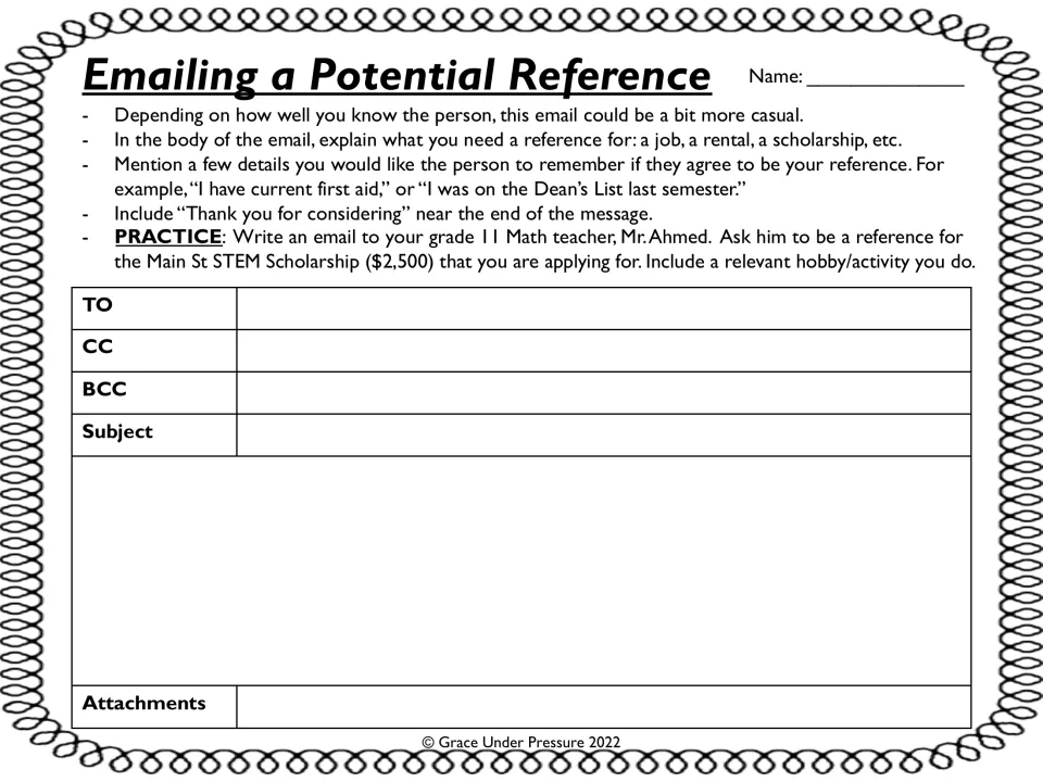 Emailing a potential reference: tips on tone and details, then students ask Mr. Ahmed to be a scholarship reference