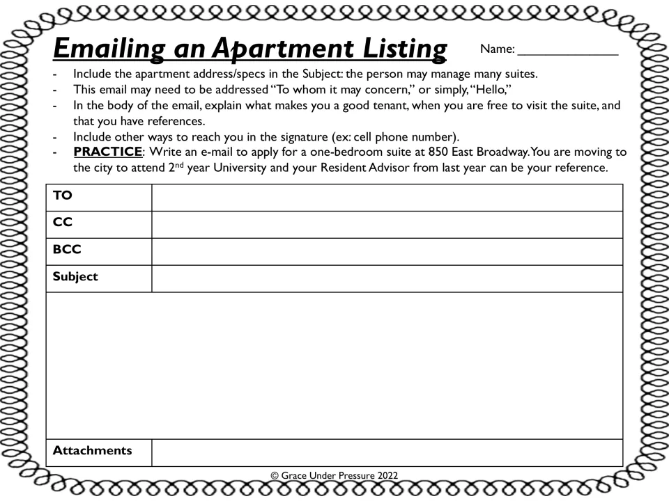 Emailing an apartment listing: tenant email tips, then students apply for a one-bedroom suite at 850 East Broadway