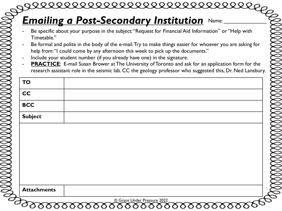 Emailing a post-secondary institution: students ask Susan Brower for a research assistant form and CC Dr. Ned Lansbury