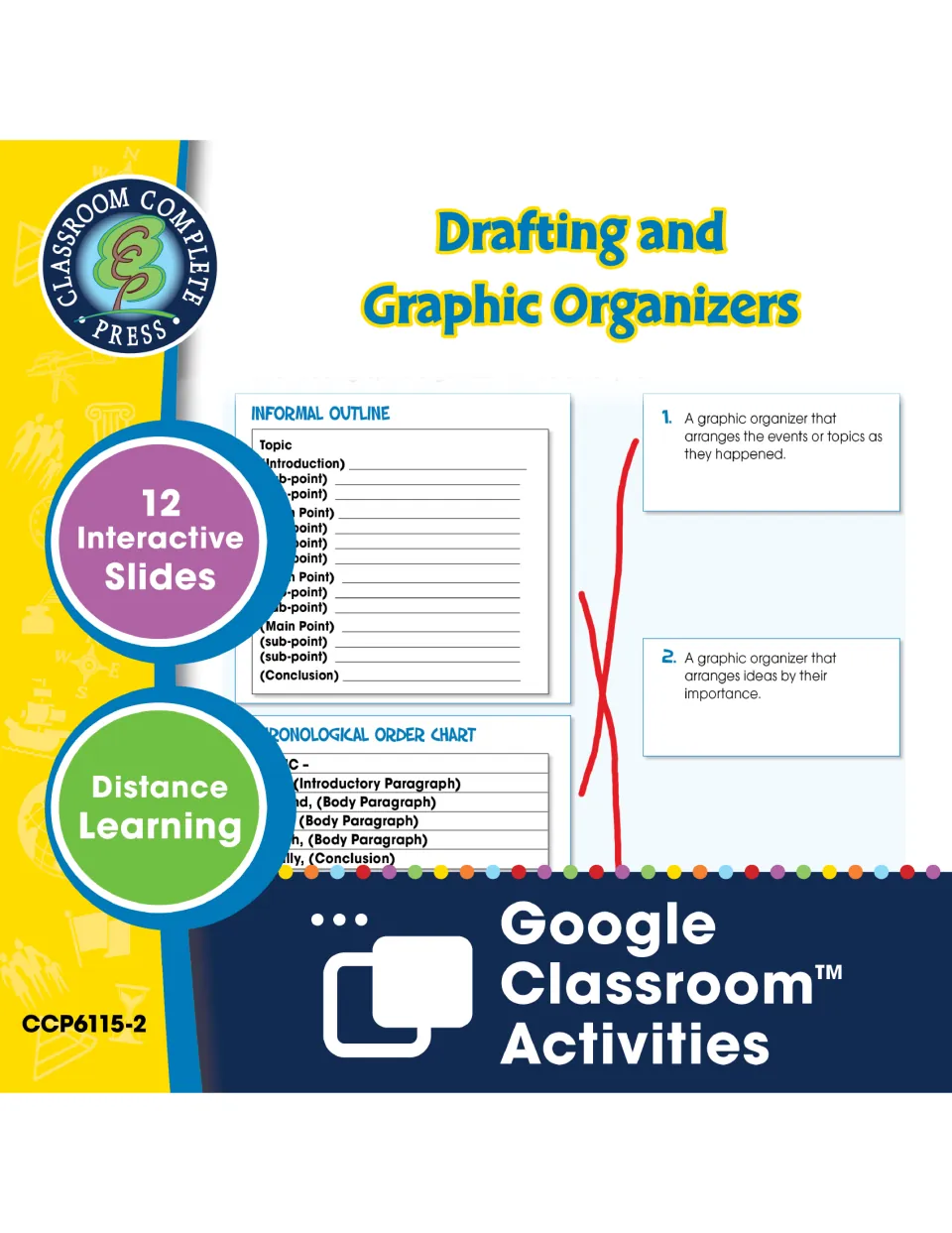 Drafting and Graphic Organizers cover: 12 interactive Google Classroom slides matching organizers to their definitions