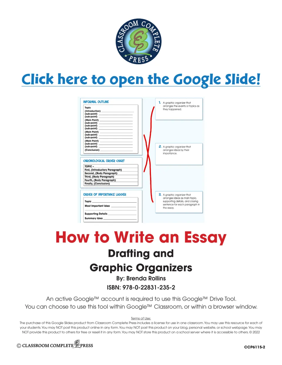 Title page by Brenda Rollins with a link to open the slides and a preview showing three essay organizers beside definitions