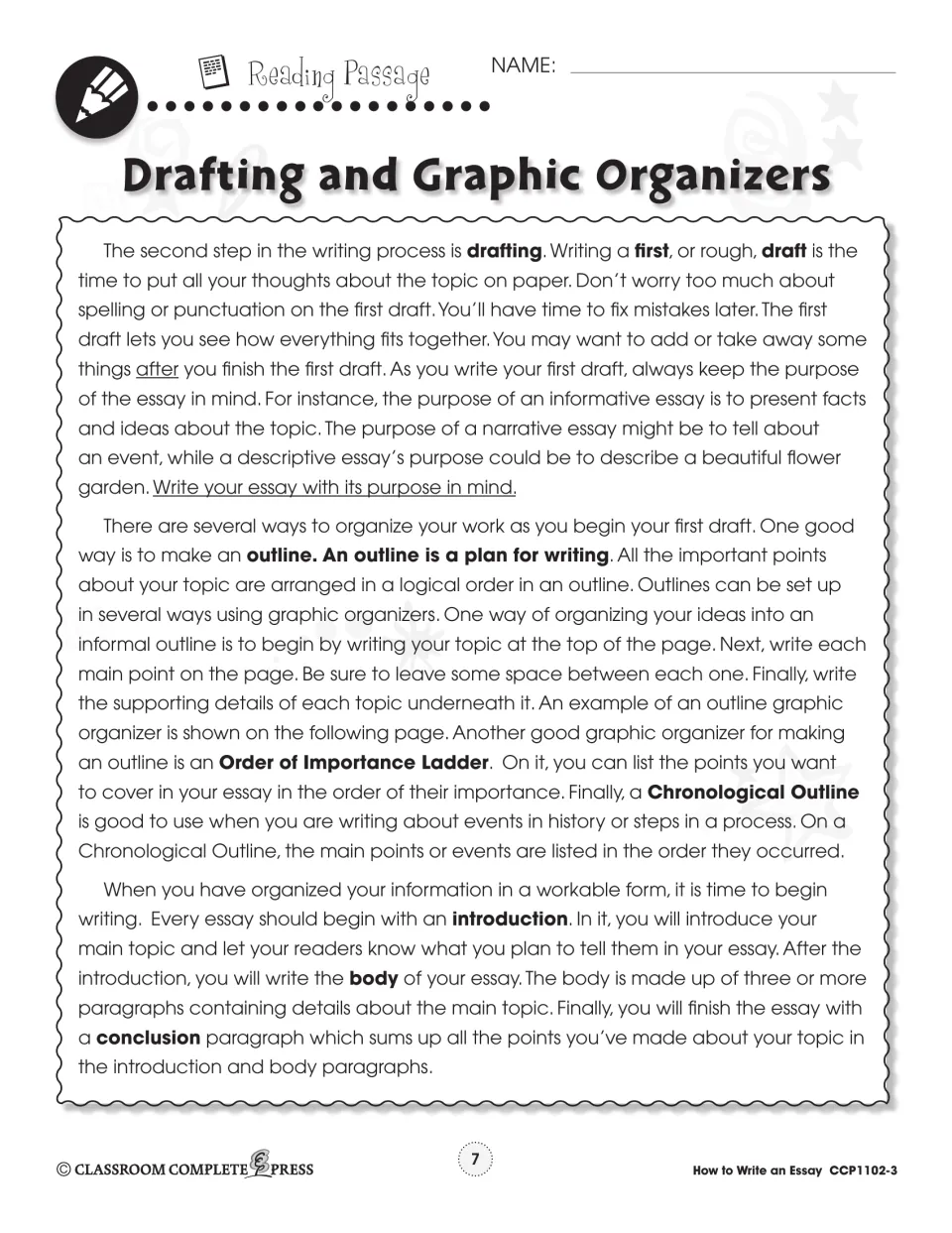 Reading passage on writing a first draft, using outlines, and building an introduction, body and conclusion