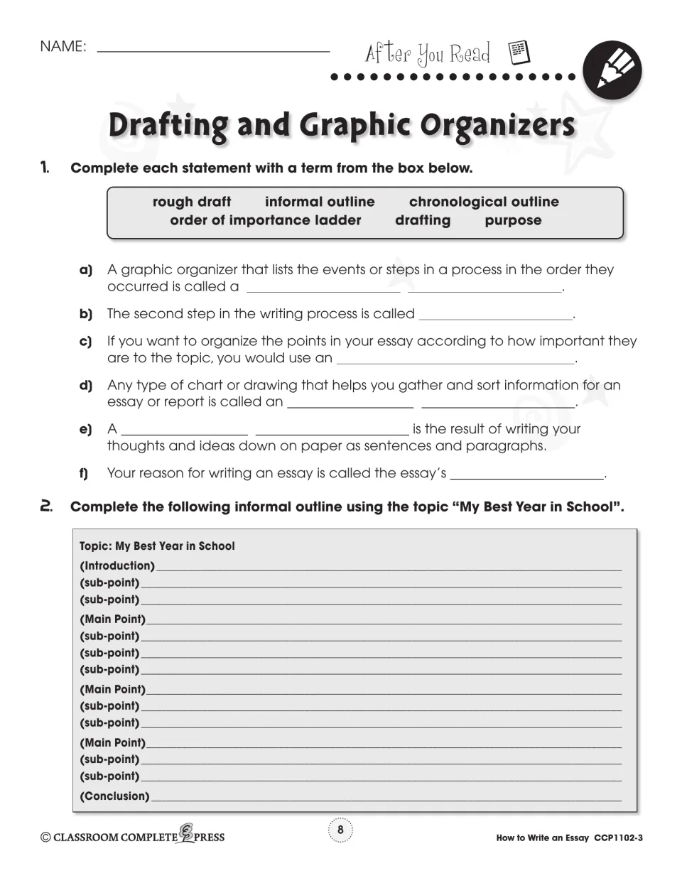 After You Read: six fill-in statements with terms like rough draft, and an outline on 'My Best Year in School'