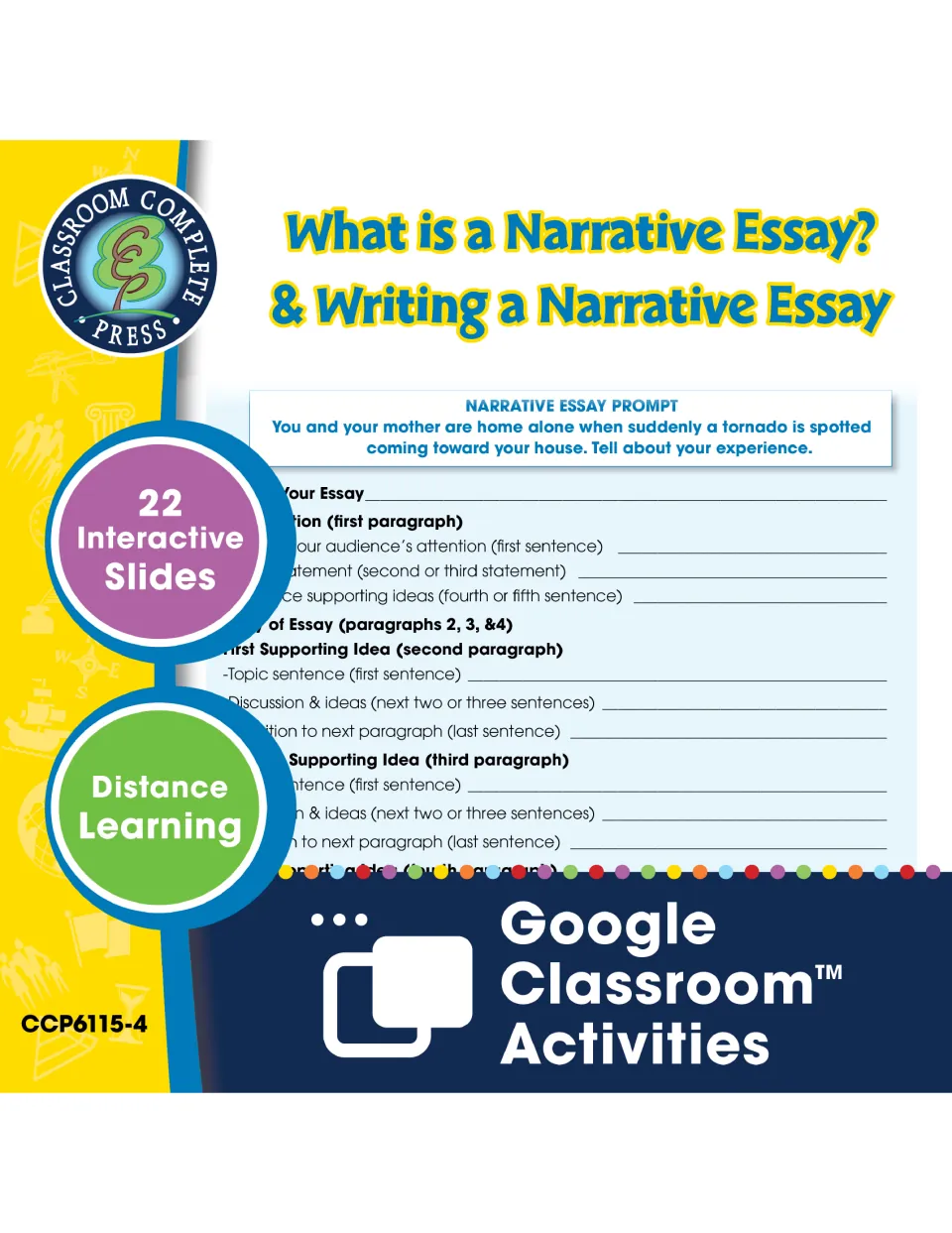 Narrative essay cover: 22 interactive Google Classroom slides with a tornado writing prompt and a five-paragraph outline