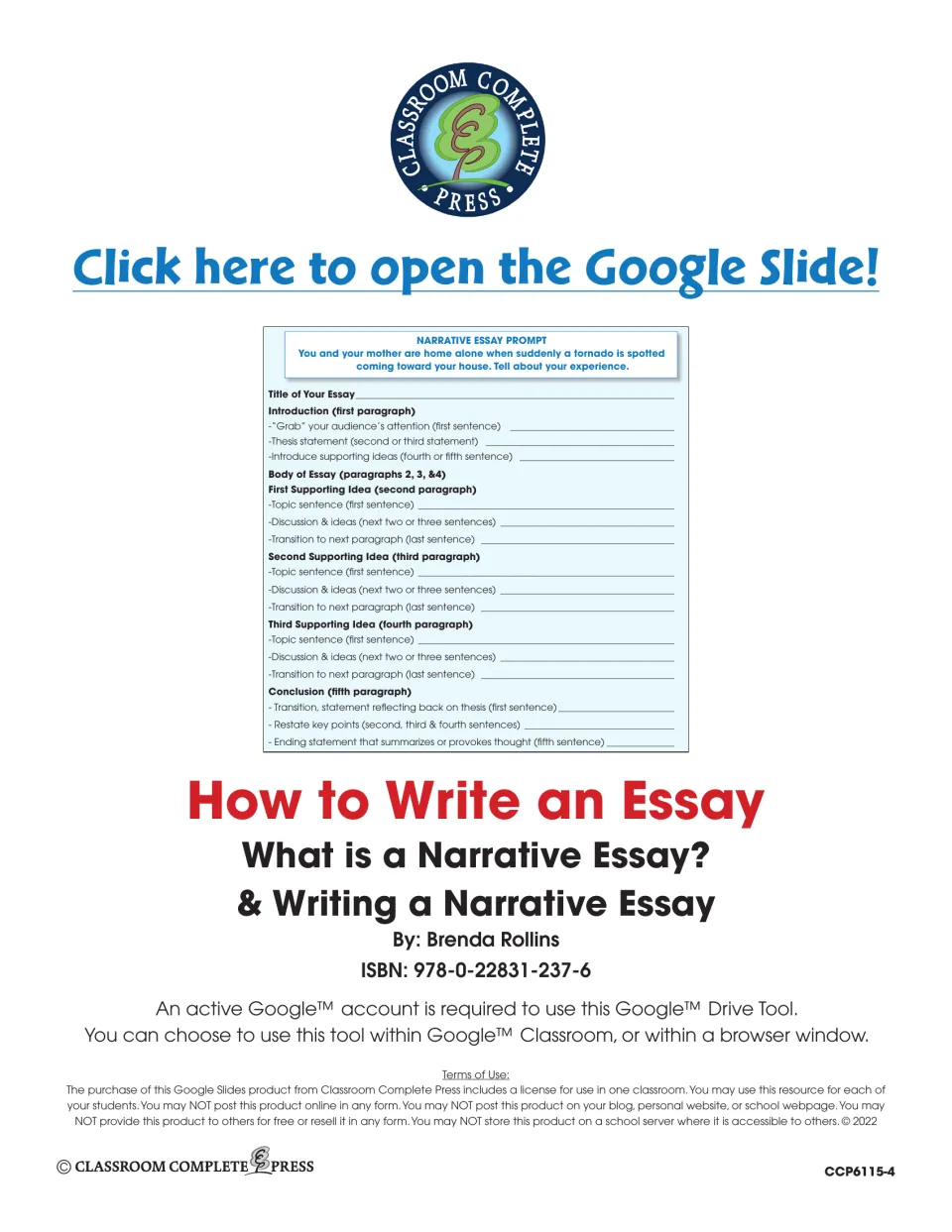 Narrative essay title page: slide link, a tornado prompt and an outline for intro, three body paragraphs and conclusion