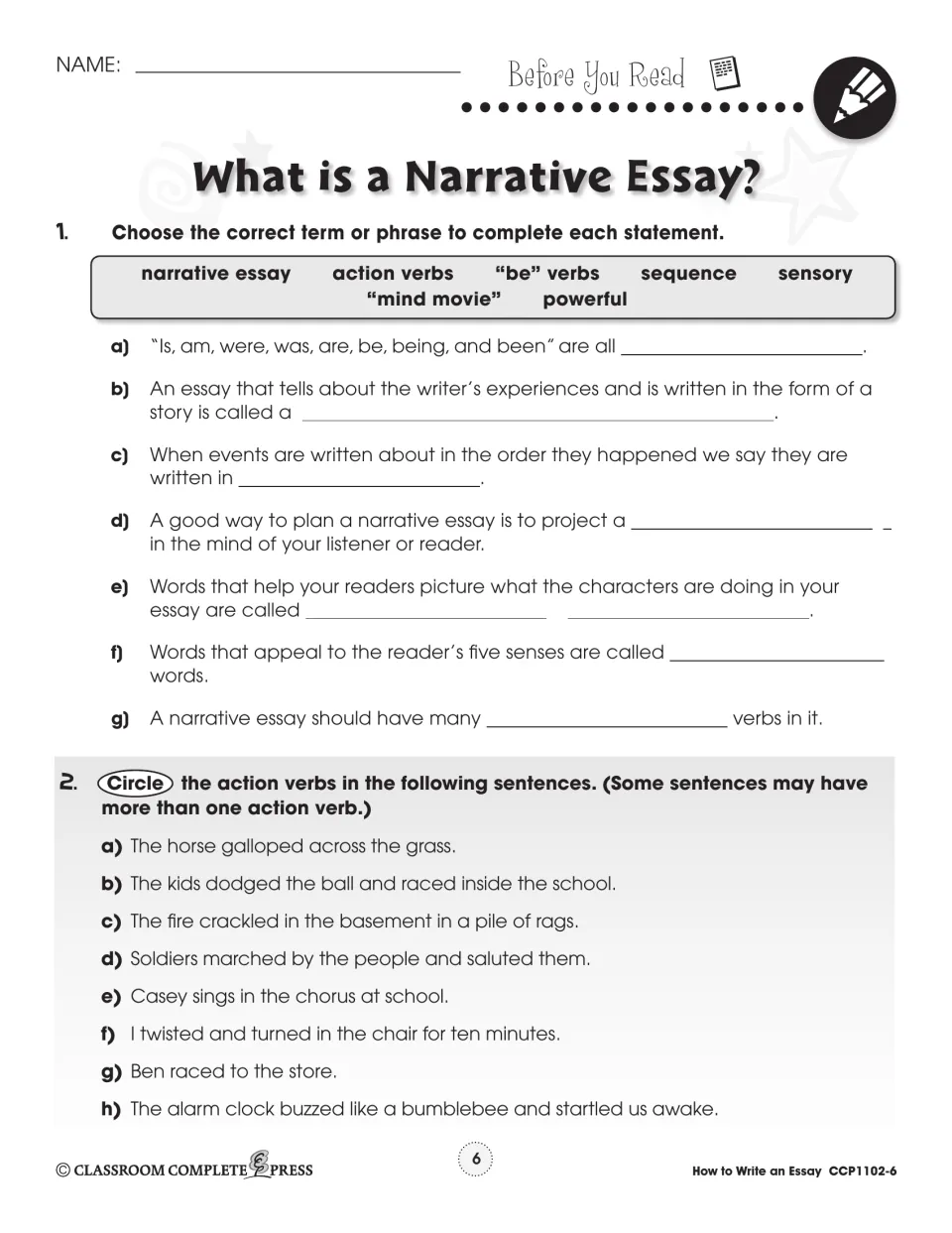 Before you read: students complete statements with narrative essay terms and circle action verbs in 8 sentences