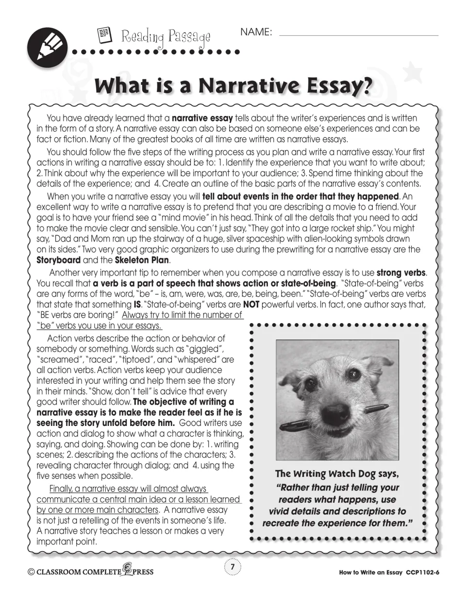 Reading passage on narrative essays: sequence of events, the mind movie, strong action verbs and show, don't tell
