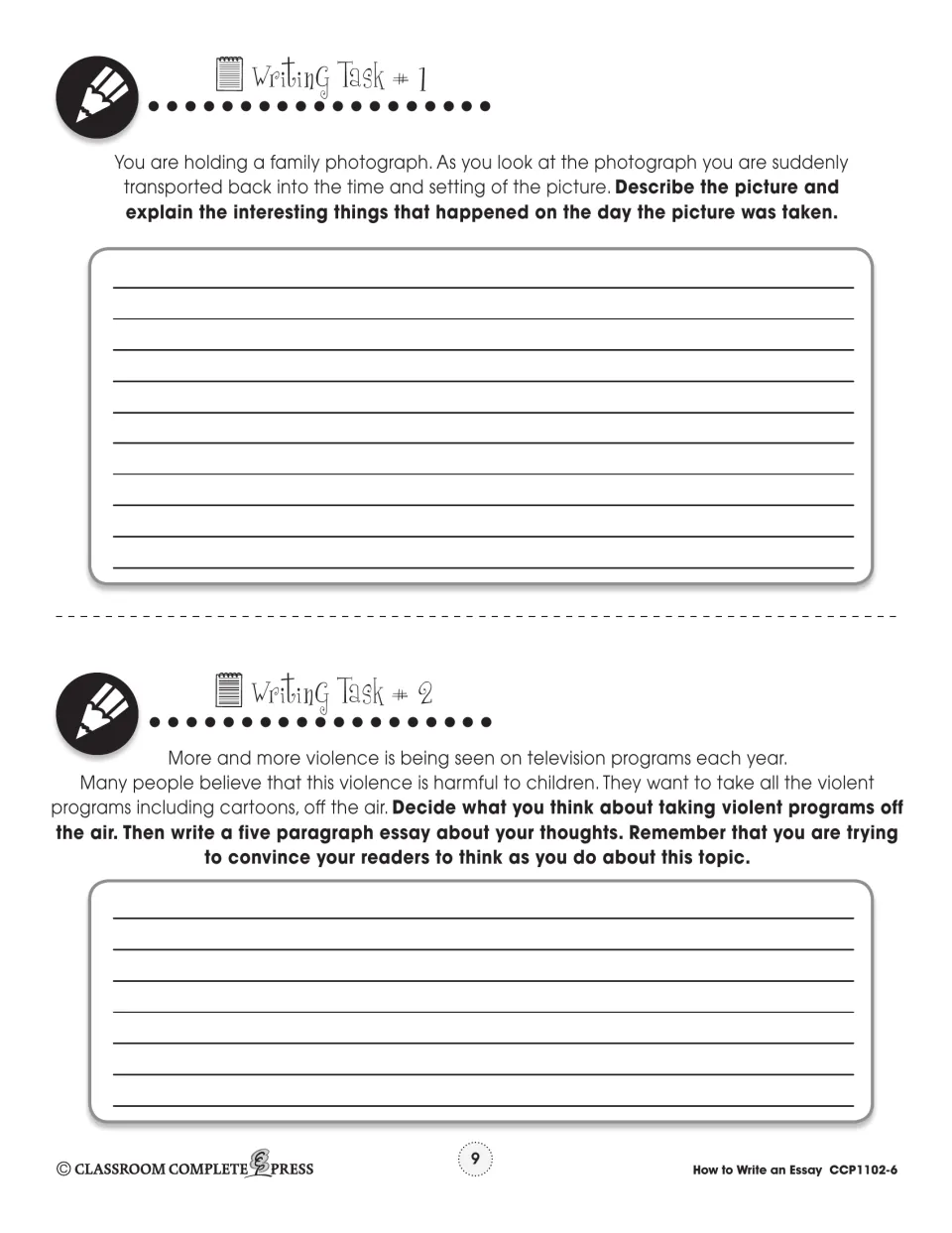 Writing tasks 1 and 2: a narrative about a family photograph and a persuasive essay on violent TV programs