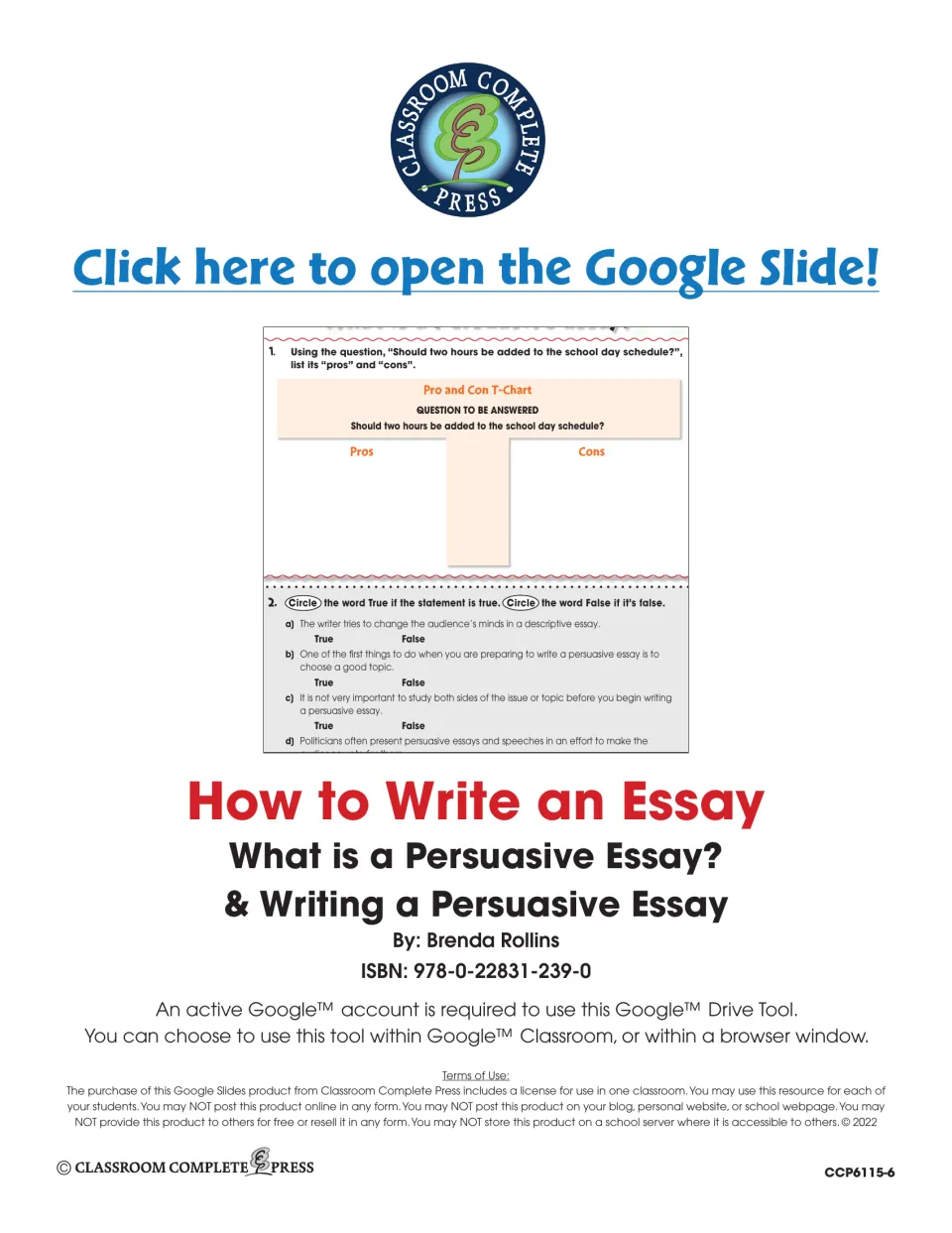 Title page by Brenda Rollins with a link to open the Google Slide, a sample true/false slide and one-classroom terms of use