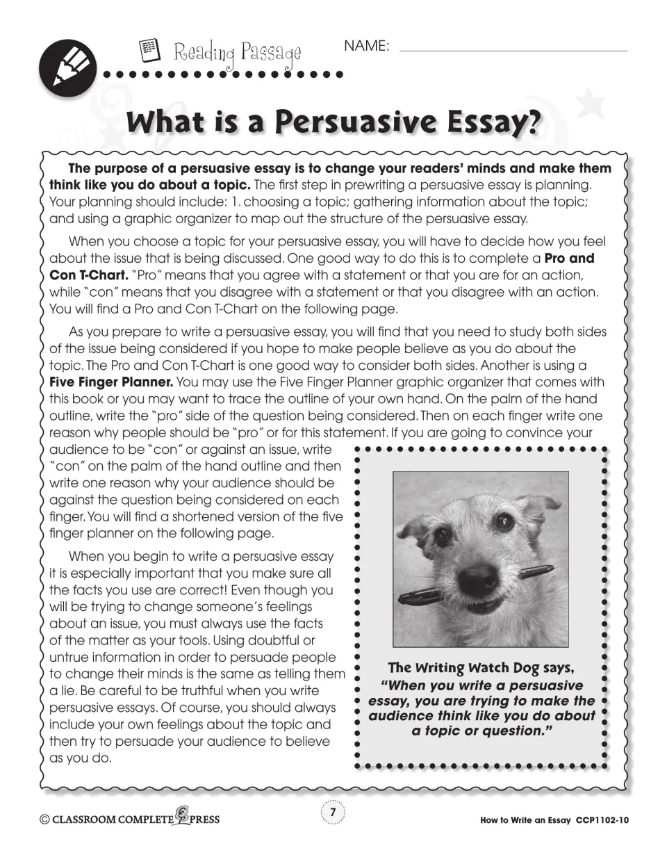 Reading passage on persuasive essay purpose, the Pro and Con T-Chart and Five Finger Planner