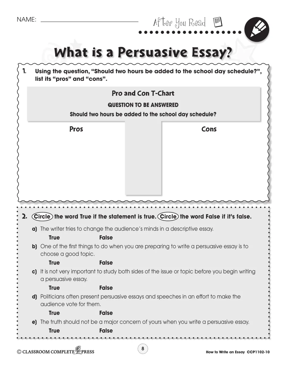 After You Read: pro and con T-chart on adding two hours to the school day, plus five true-or-false statements