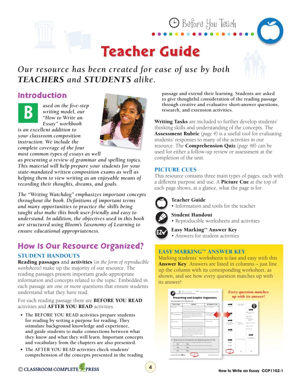 Teacher guide: how the resource is organized, with reading passages, before/after you read pages and picture cues