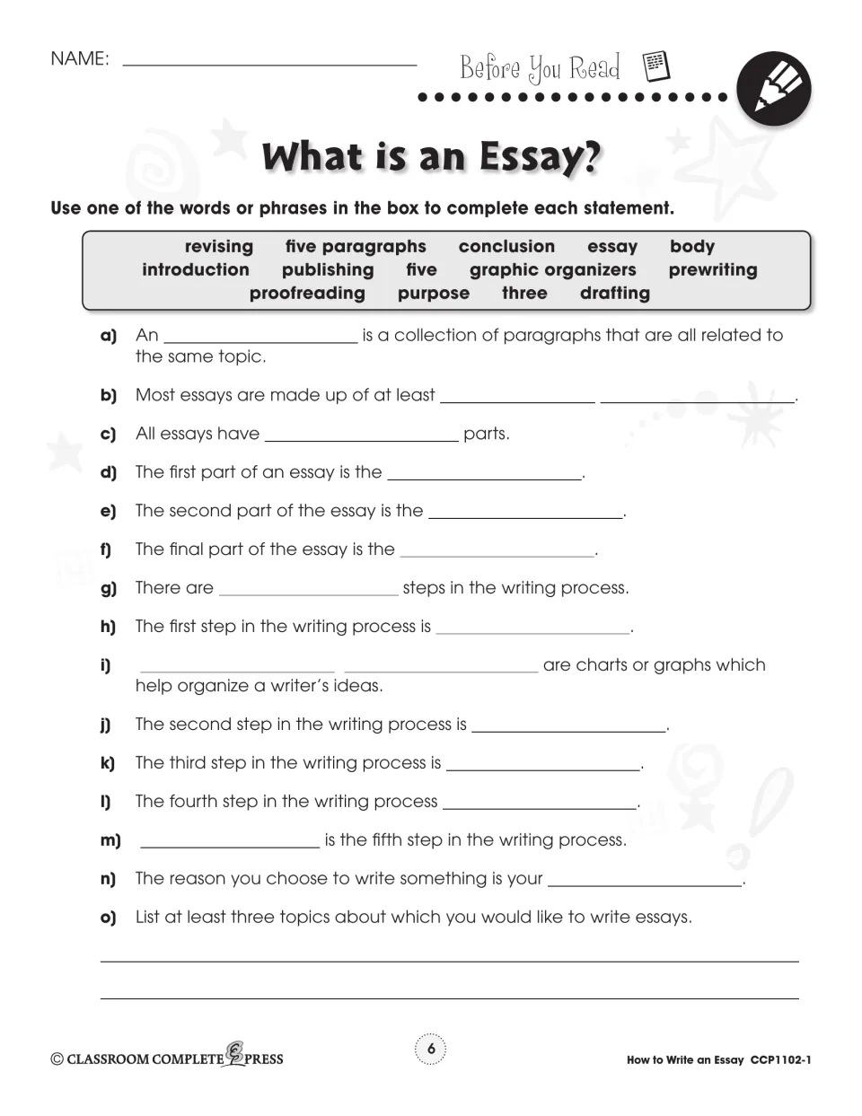 Before you read: 15 fill-in-the-blank statements on essay parts and the five writing steps, from a word bank