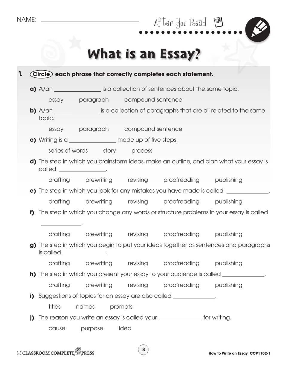 After you read: 10 multiple-choice items to circle, on paragraphs, essays, prompts, purpose and the writing steps