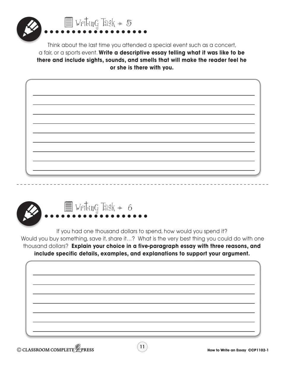 Writing tasks 5 and 6: a descriptive essay about a special event and a five-paragraph essay on spending $1,000