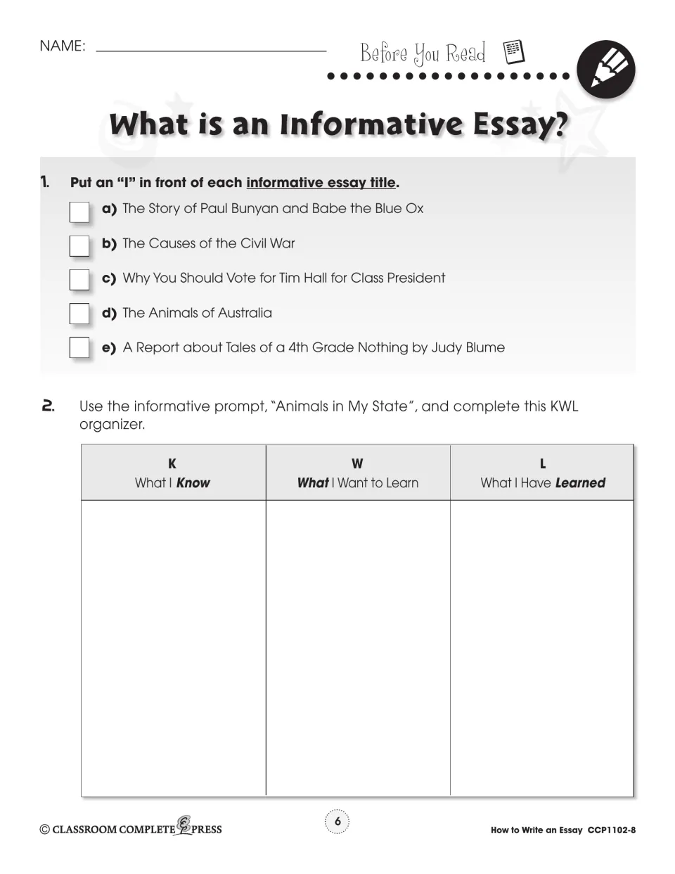 Before-reading activity asks students to identify informative essay titles and plan “Animals in My State”