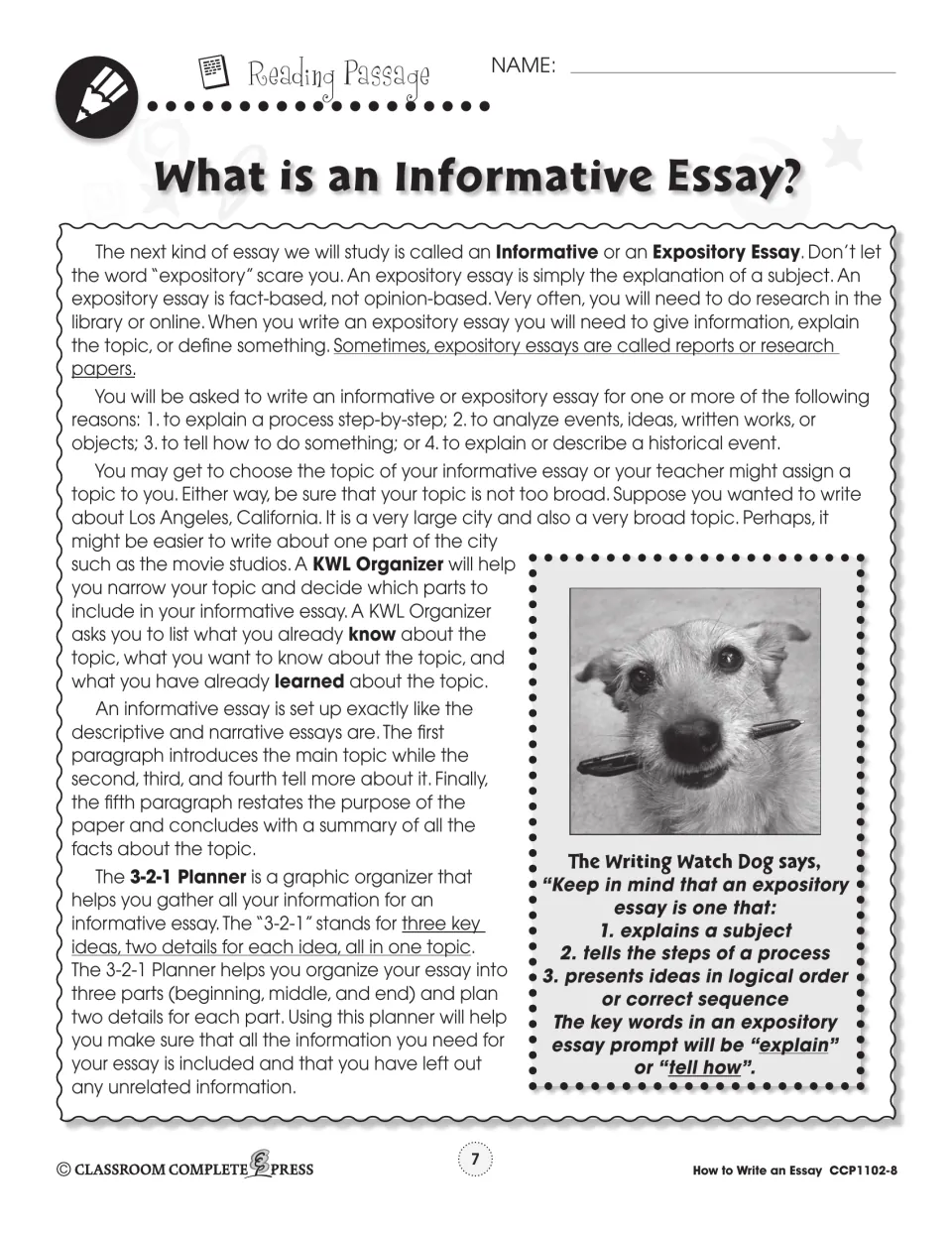 Reading passage explains fact-based informative essays, narrowing a topic, essay structure, and planning tools