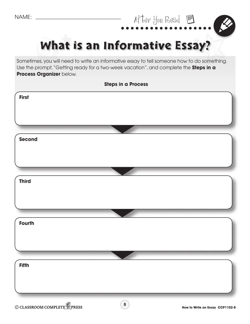 After-reading activity asks students to plan five steps for getting ready for a two-week vacation