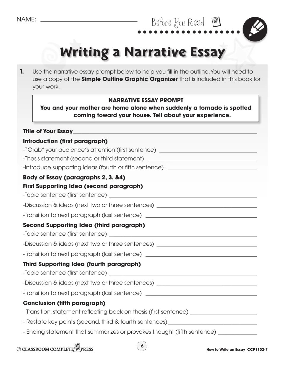 Before-reading activity uses an approaching tornado prompt to plan a five-paragraph narrative essay outline