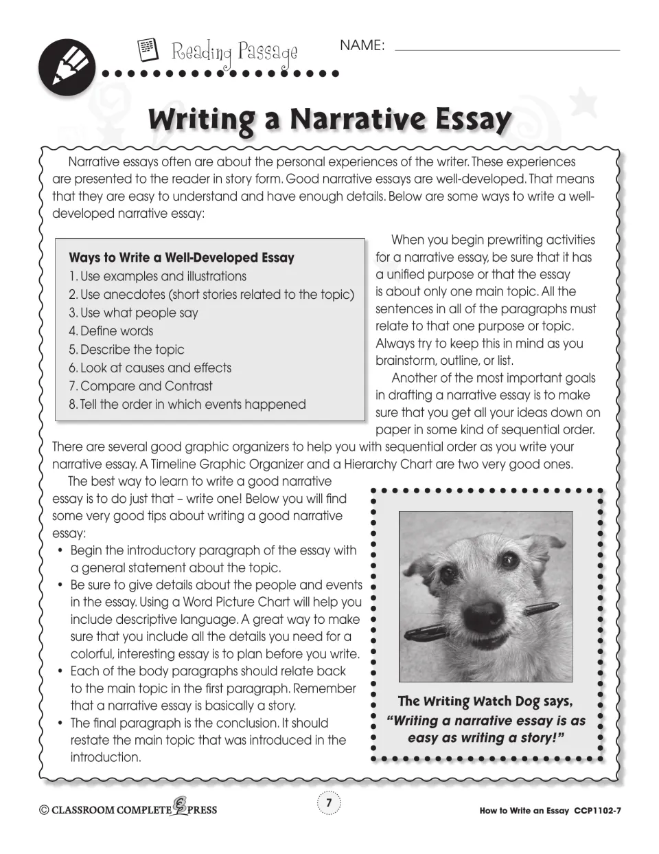 Narrative essay reading lesson explains unified purpose, sequential order, descriptive details, and conclusions