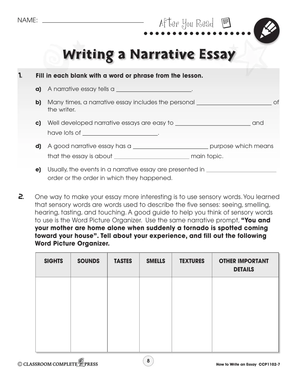 After-reading practice checks narrative concepts and uses a Word Picture Organizer for tornado sensory details