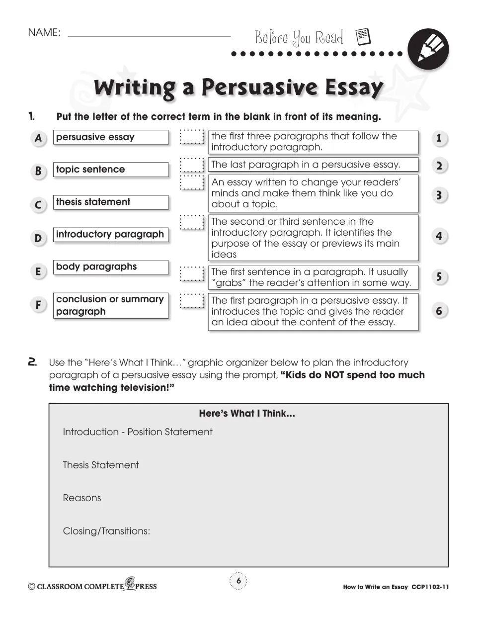 Before-reading practice matches six essay terms and plans an introduction arguing kids do not watch too much TV