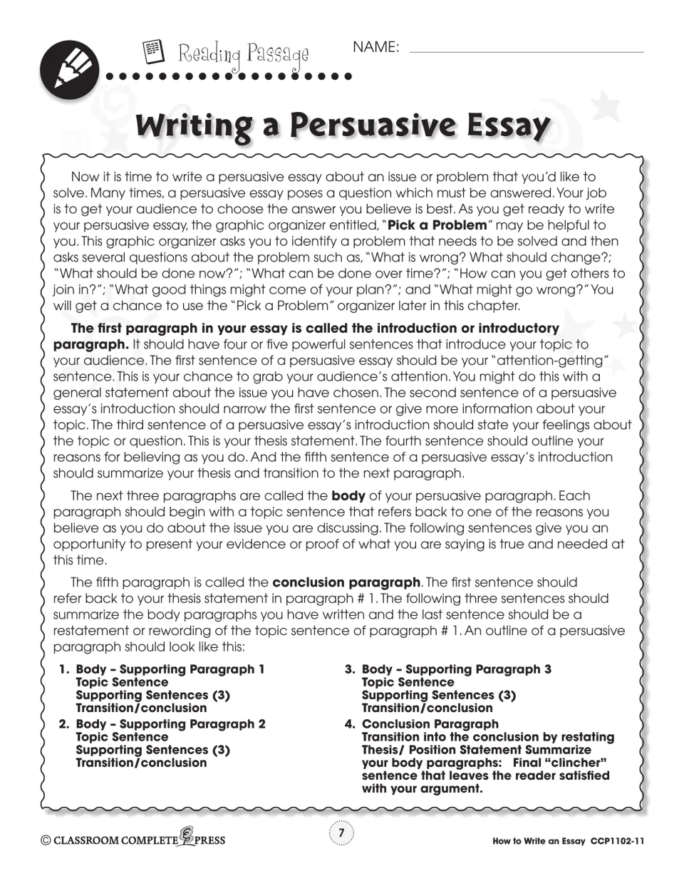 Persuasive essay reading lesson explains introductions, thesis statements, three body paragraphs, and conclusions