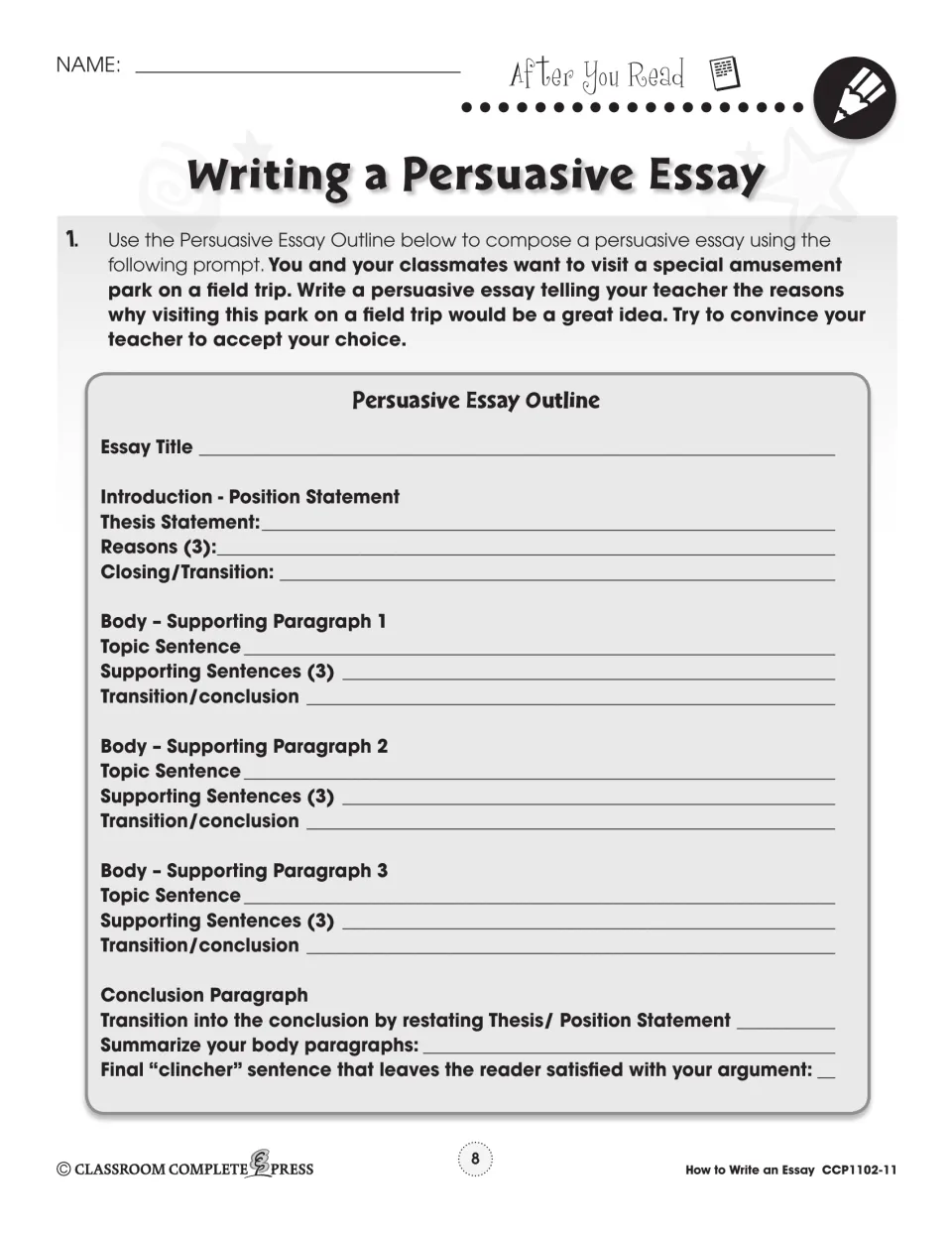 After-reading essay outline guides students to persuade their teacher to approve an amusement park field trip