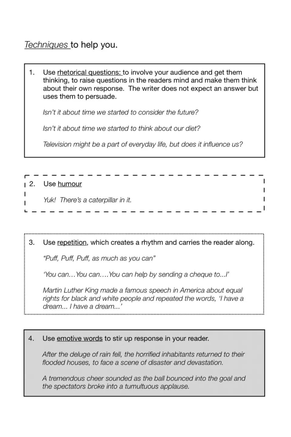 Persuasive techniques: rhetorical questions, humour, repetition and emotive words, each with example sentences to study