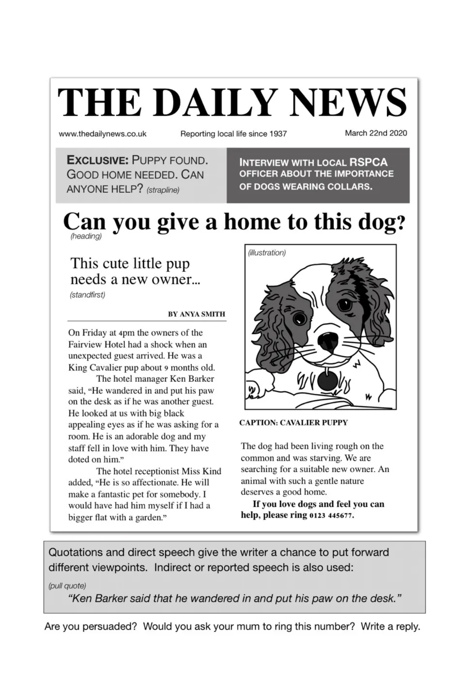 Model front page, Can you give a home to this dog?, labels heading and standfirst; students write a reply to the appeal