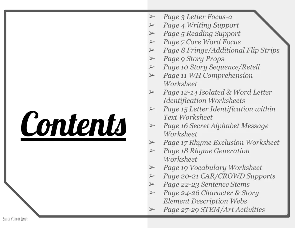Contents for the book companion list letter work, reading supports, retelling, vocabulary, and art activities