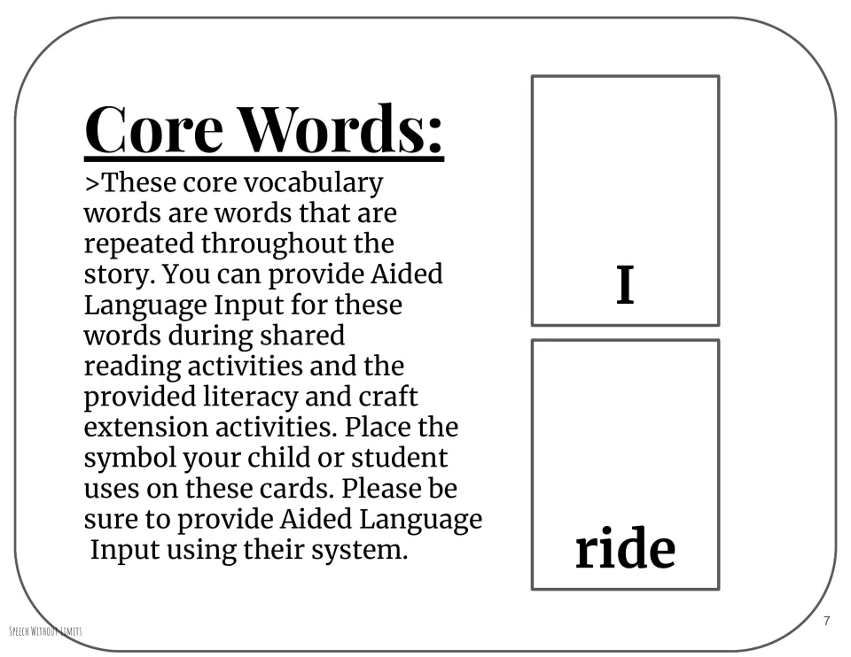 Core-word cards for I and ride include guidance to add students' symbols and model words using their AAC system