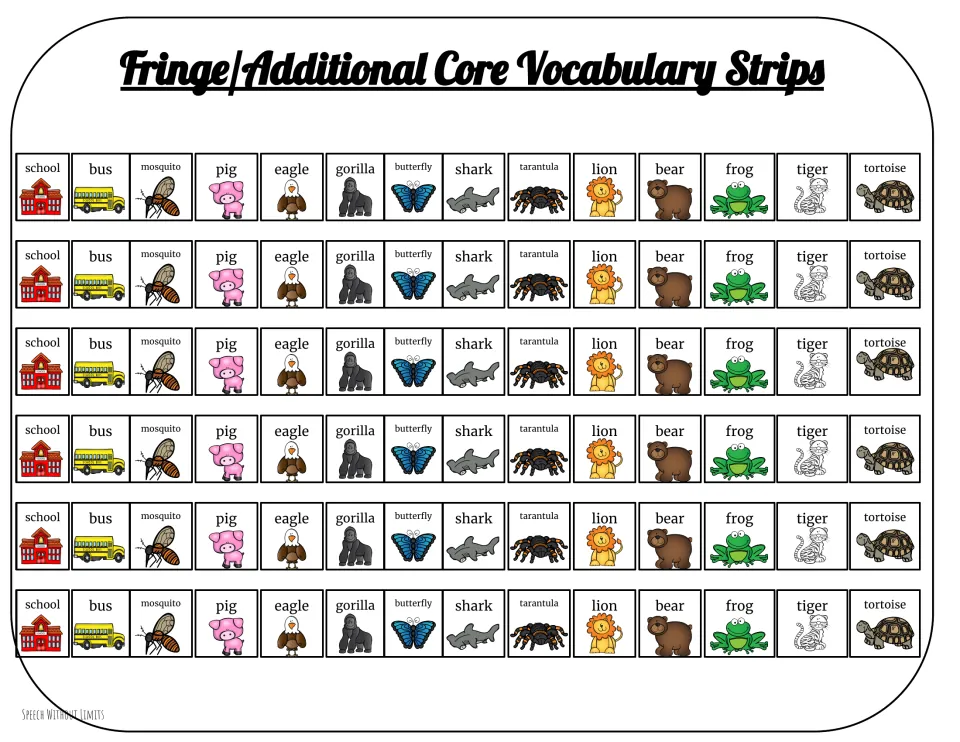 Six repeated vocabulary strips each show 14 labeled pictures: school, bus, mosquito, pig, eagle, and nine more