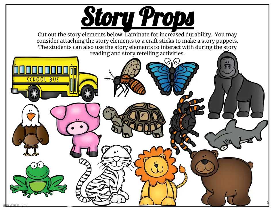 Thirteen cutout story props show a bus and 12 animals for use during reading, retelling, or making stick puppets