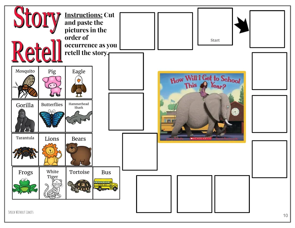 Story retell activity asks students to cut and paste 13 pictures of animals and a bus in story order