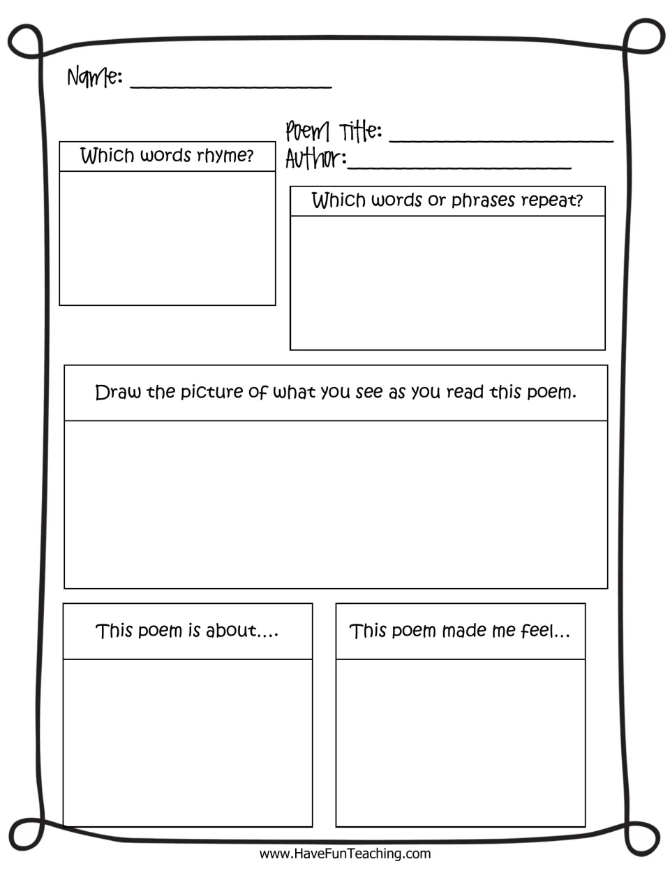 Poetry graphic organizer: students list rhyming words and repeated phrases, draw the poem, and note its topic and feelings