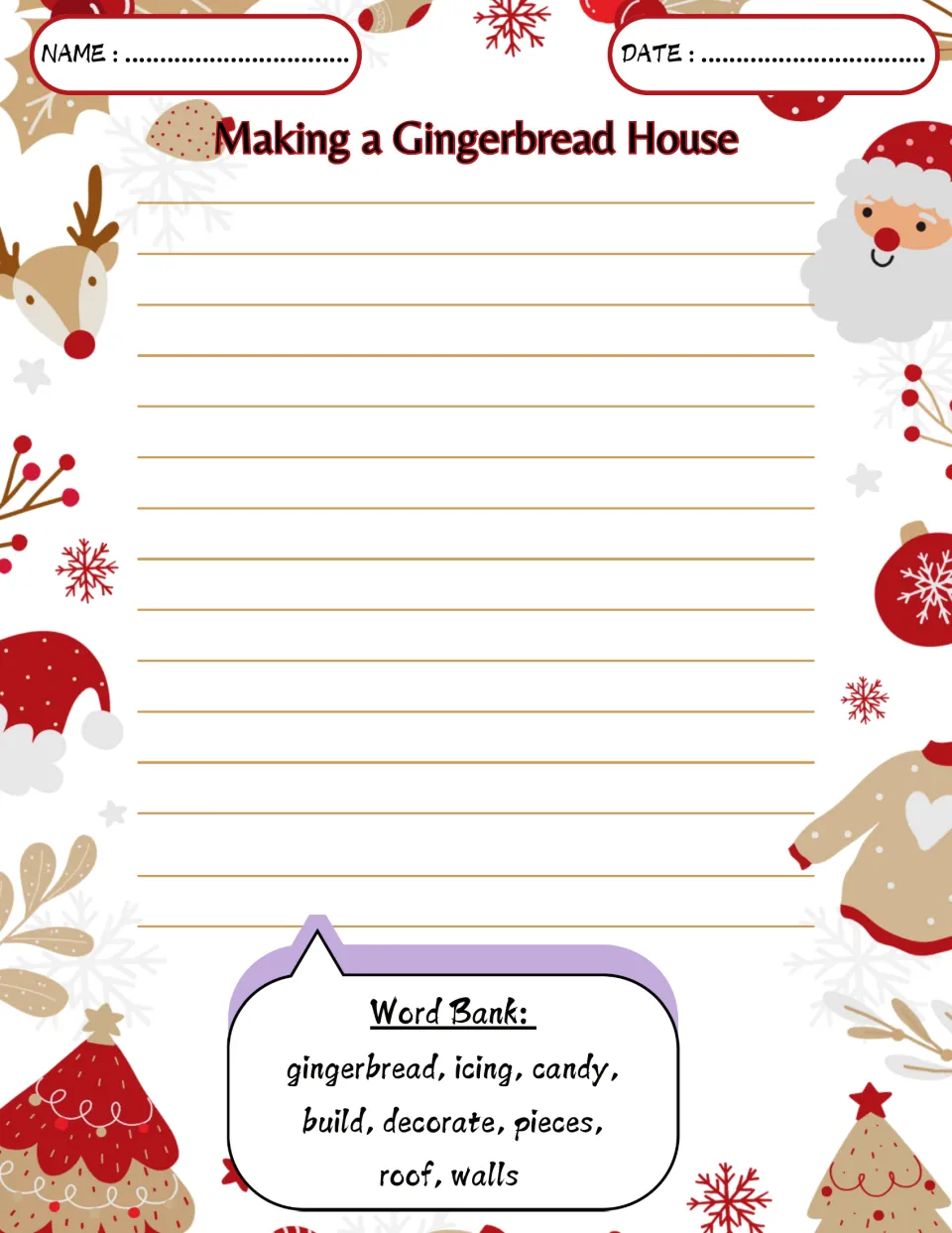 Christmas writing prompt: Making a Gingerbread House, with word bank terms gingerbread, icing, and candy