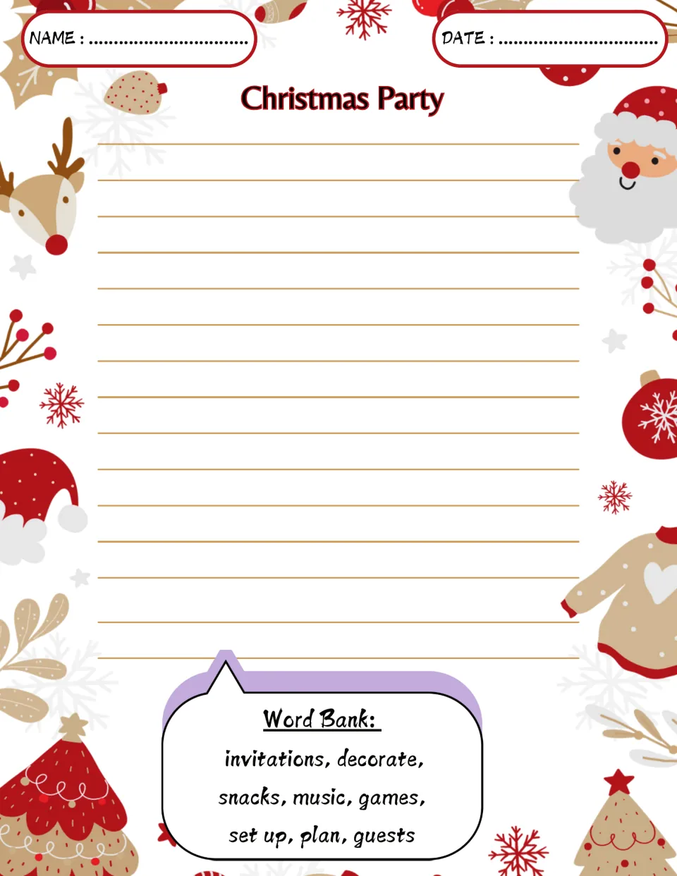 Christmas writing prompt: Christmas Party, with word bank terms invitations, decorate, snacks, and music
