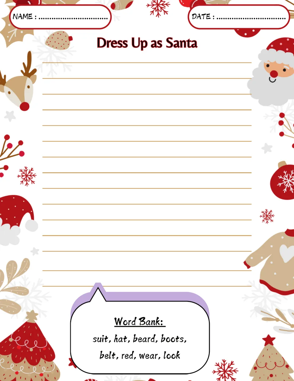 Christmas writing prompt: Dress Up as Santa, with word bank terms suit, hat, beard, boots, belt, and red
