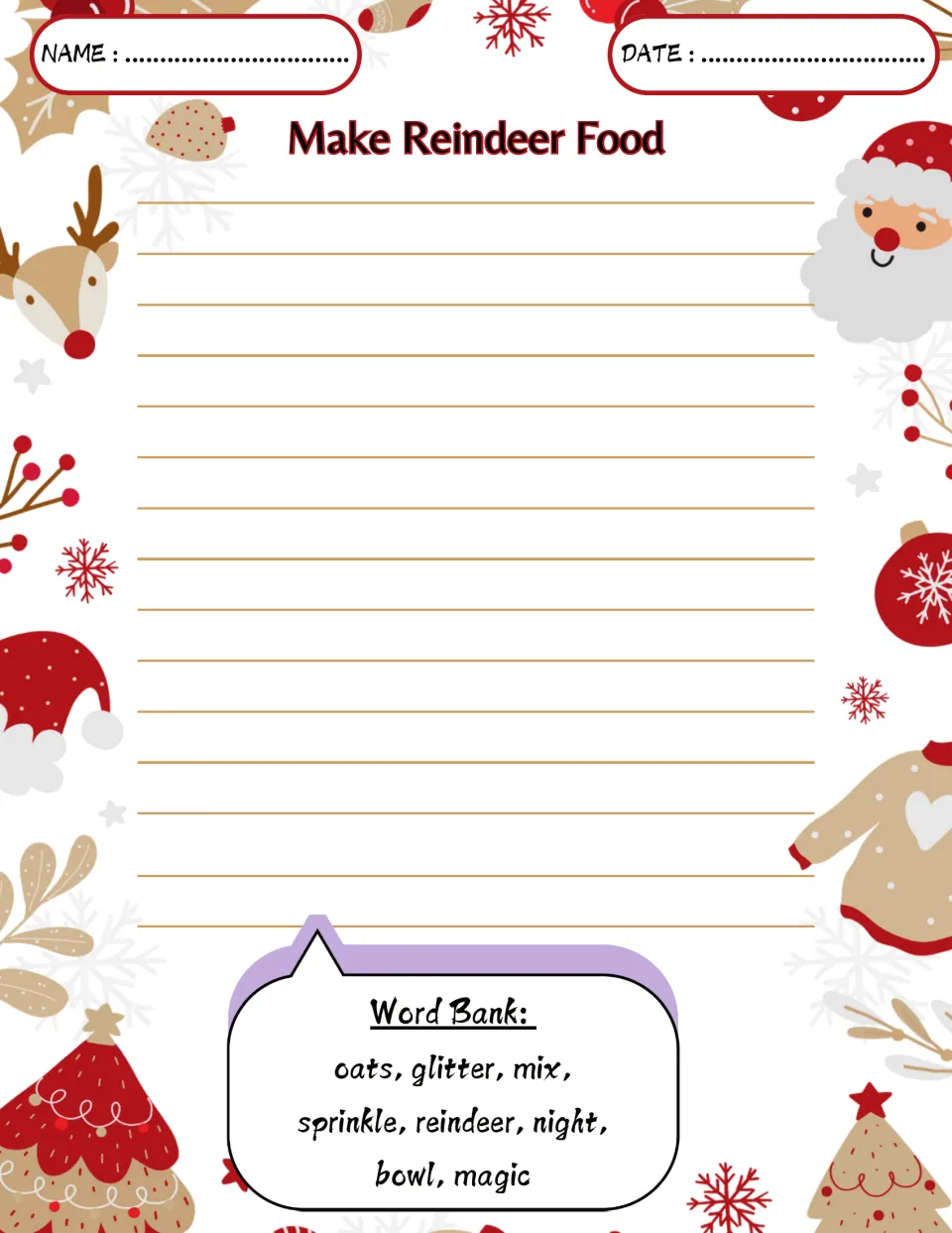 Christmas writing prompt: Make Reindeer Food, with word bank terms oats, glitter, mix, and sprinkle