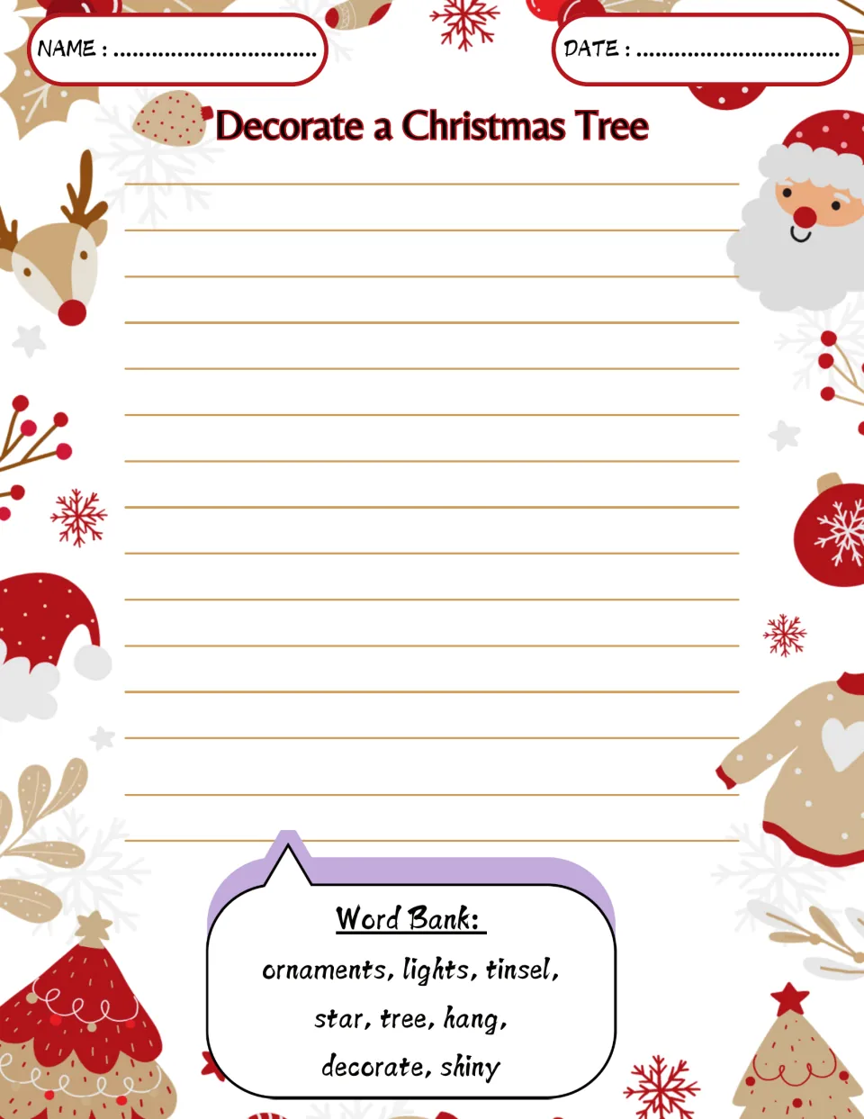 Christmas writing prompt: Decorate a Christmas Tree, with word bank terms ornaments, lights, and tinsel