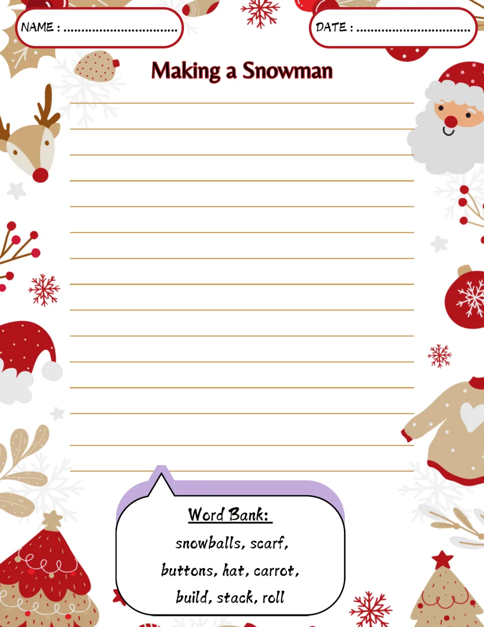 Christmas writing prompt: Making a Snowman, with word bank terms snowballs, scarf, buttons, hat, and carrot