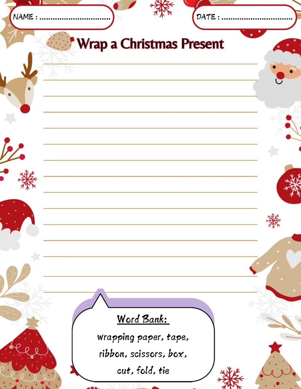 Christmas writing prompt: Wrap a Christmas Present, with word bank terms wrapping paper, tape, and ribbon