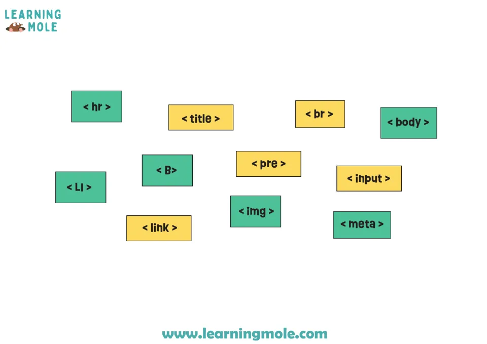 Cut-out pieces of 11 HTML tags to sort: hr, title, br, body, pre, B, input, LI, img, link and meta