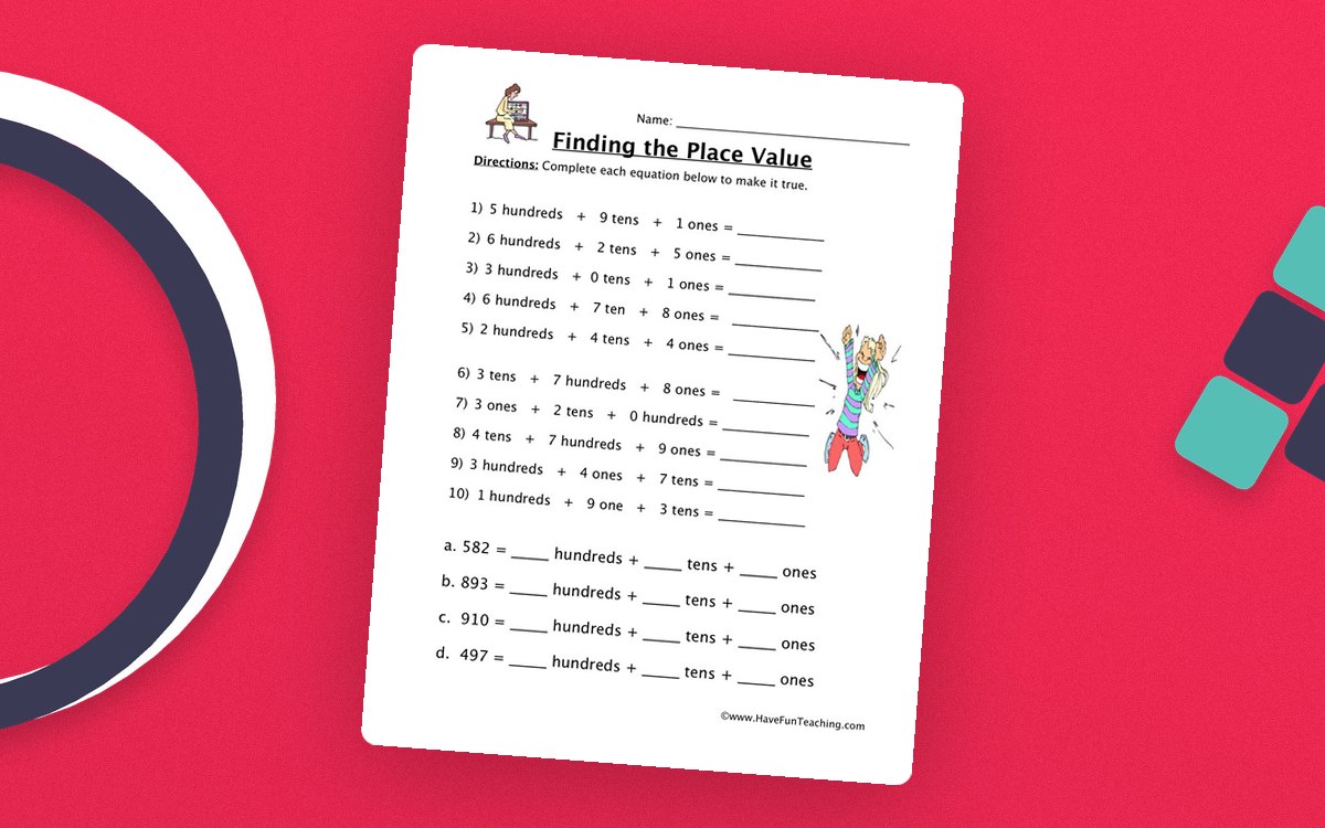 HTO Place Value worksheet with three-digit decompositions and a small student illustration
